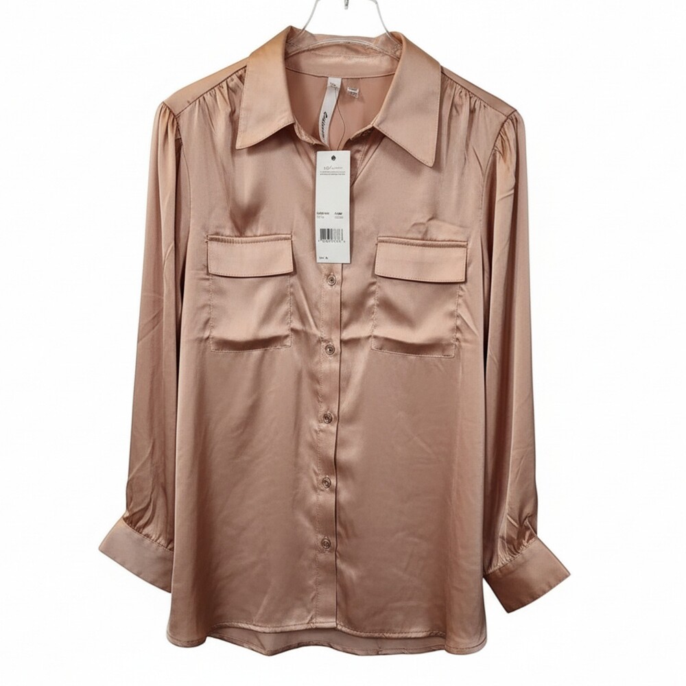 NY Collection Champagne Pink Satin Roll Tab Utility Button Up Blouse NWT Size PL